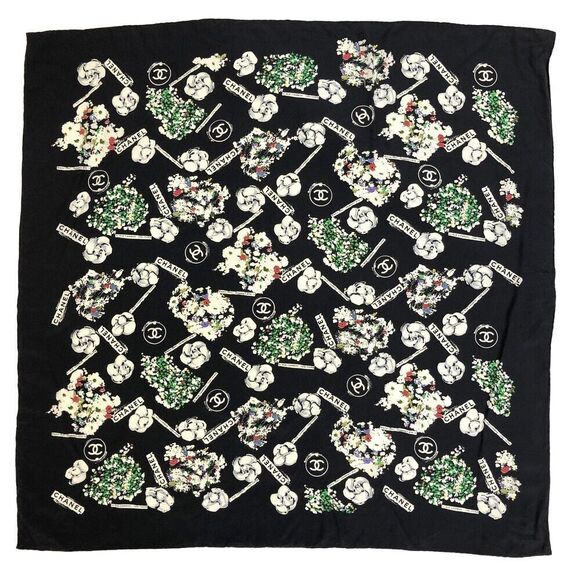 CHANEL Vintage Camellia & CC Logo Black Silk Scarf - Picture 1 of 8